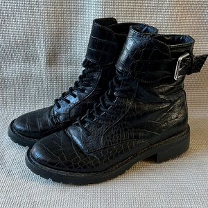 Black Faux Croc Combat Boots